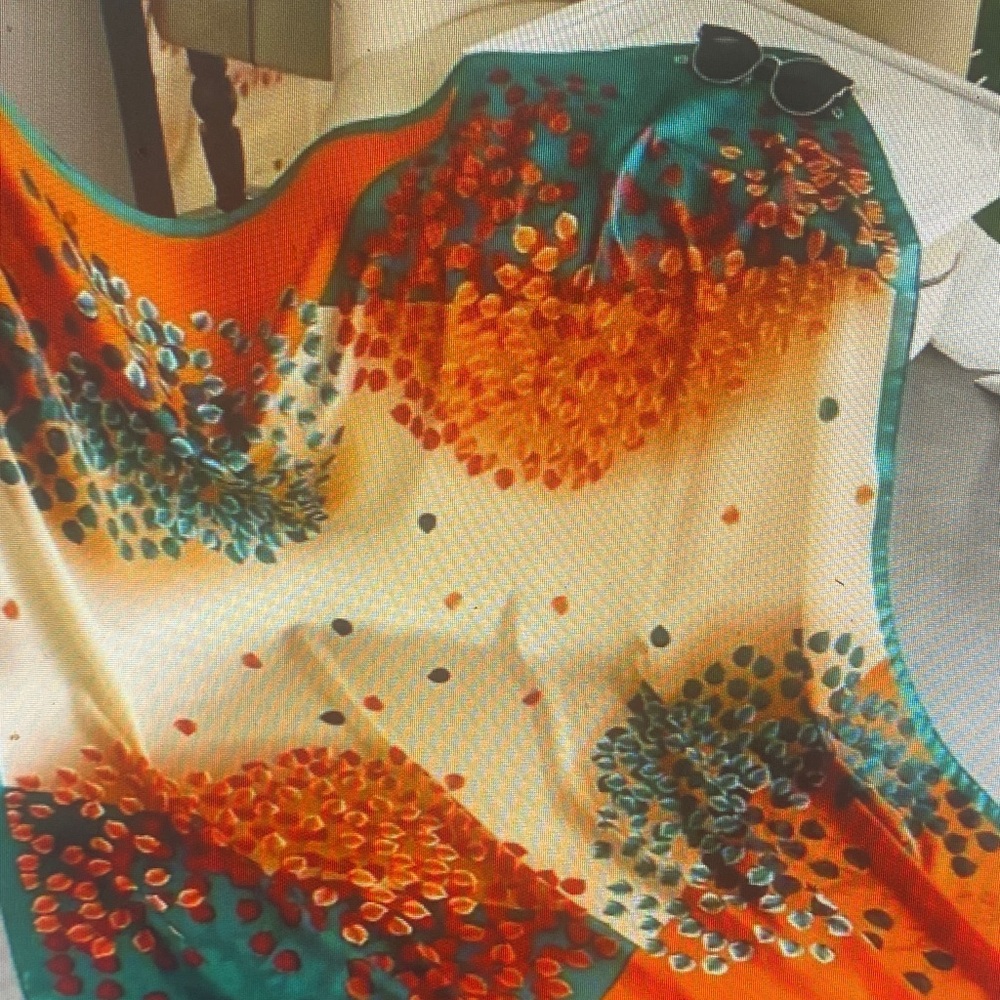 Vibrant Orange and Green Scarf leaf design print soft polyester Versatile. - Picture 2 of 6